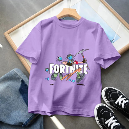 T-shirts Fortnite para Criança com Figuras Anime Estampadas, Tops de Desenho Animado Fortress Night, Roupa de Verão para Meninas, Manga Curta, Pullover Tees