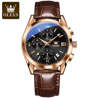 Montre-bracelet chronographe pour homme OLEVS 2872 – Bracelet en cuir, étanche, aiguilles luminescentes, mouvement à quartz, style sport de luxe