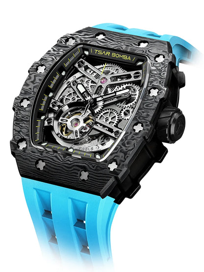 TSAR BOMBA Carbon Fiber Automatic Mechanical Watch for Men Waterproof Skeleton Mens Watches Top Brand Luxury Wristwatches