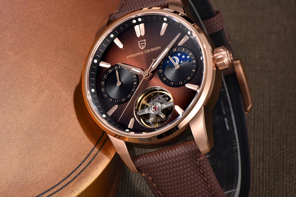 PAGANI DESIGN – Ceas mecanic de lux pentru bărbați, 41 mm, sticlă de safir, curea din piele, rezistent la apă, stil pilot, cu turbilion și fază lunară