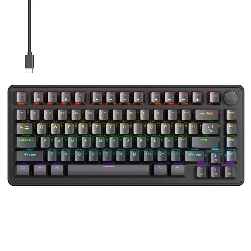 75% Mechanical Keyboard Wired with Media Knob APAYADO Black Gaming Keyboard Hot-Swap ABS Cap Transparent Character Backlighting