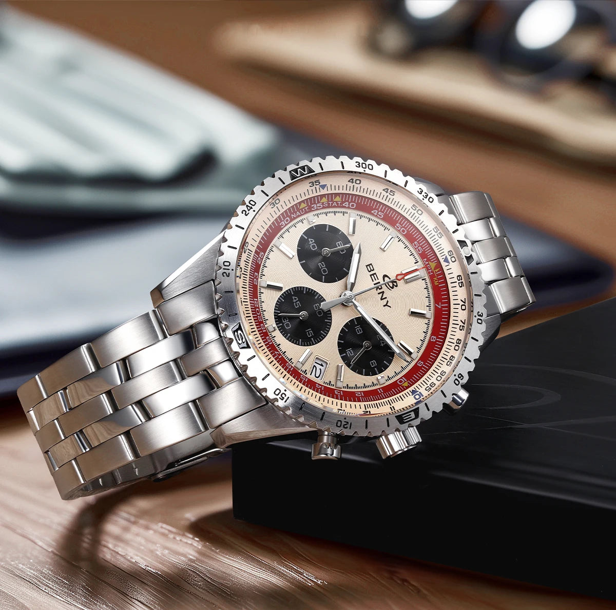 Pánské hodinky BERNY Aviation – křemenný chronograf s datem, safírovým sklem a ultraluminiscenční vrstvou – elegantní hodinky luxusní značky