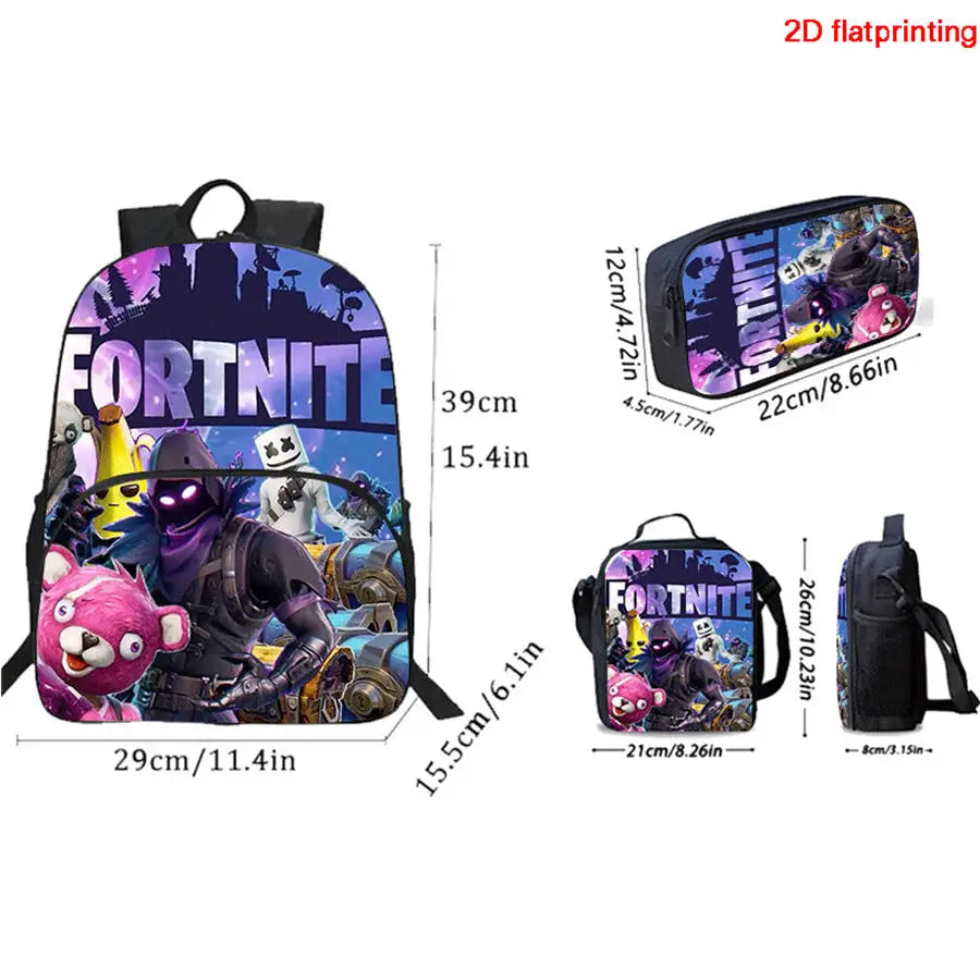 Lightweight FORTNITE 3Pcs Backpack With Front Pocket Lunch Bag Pencil Bag Free 3D Printed Keychain For Boys Girls Kids Aged 5-10