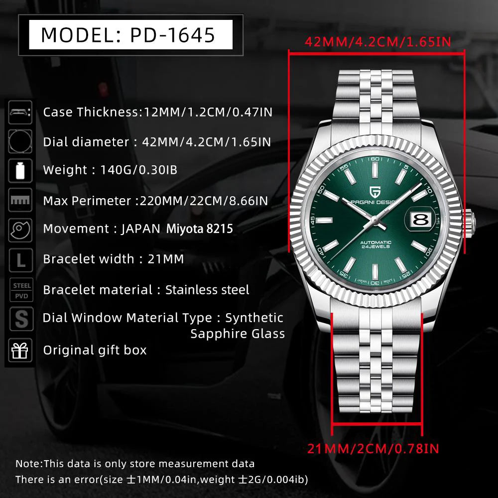 PAGANI DESIGN 8215 Movement Men Mechanical Wristwatches Sapphire Glass Luxury Watch for Men Steel 100M Waterproof Clock PD1645