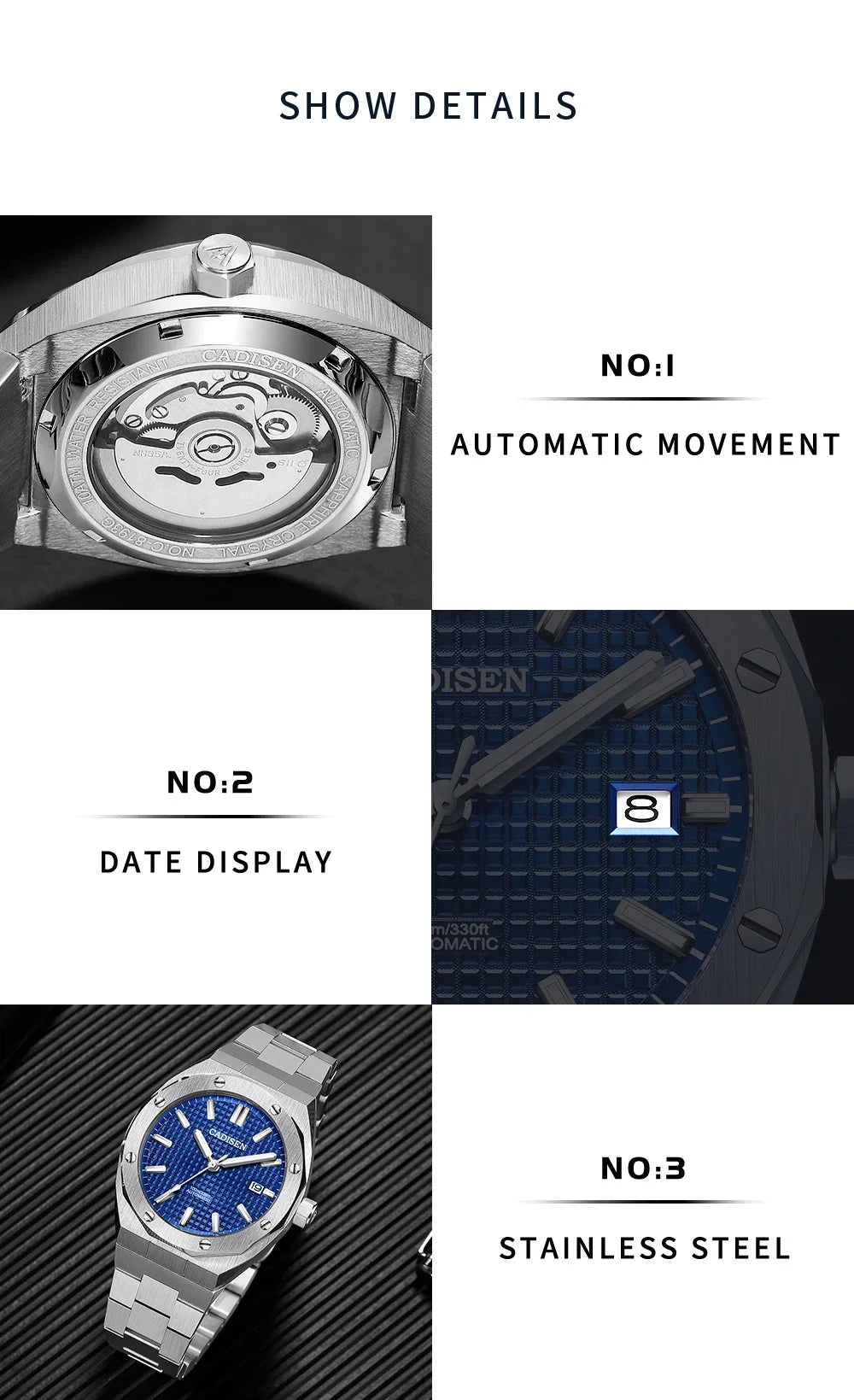 CADISEN Luxury Design 42MM Men's Watches Japan MIYOTA 8215 Sapphire Glass Mechanical Automatic Watch Men 100M Waterproof