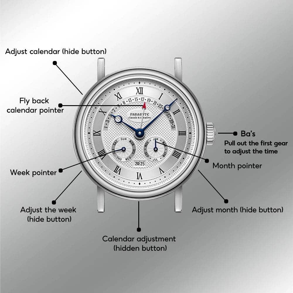 FARASUTE Men's Mechanical Watch Flyback Function Seagull Movement Month Display Week Display Calendar YearDisplay Sapphire Watch
