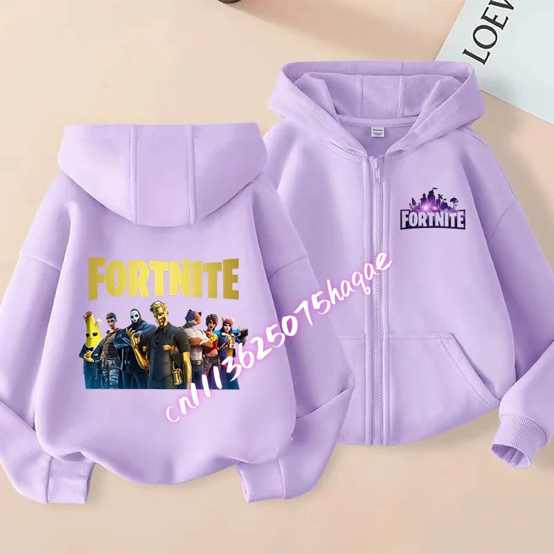 Casacos com capuz e fecho para criança Fortnites, sweatshirts Anime Fortress Night, sweatshirts gaming de primavera/outono, roupa desportiva infantil, presente