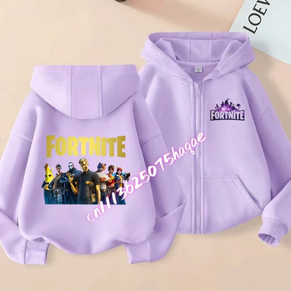 Casacos com capuz e fecho para criança Fortnites, sweatshirts Anime Fortress Night, sweatshirts gaming de primavera/outono, roupa desportiva infantil, presente