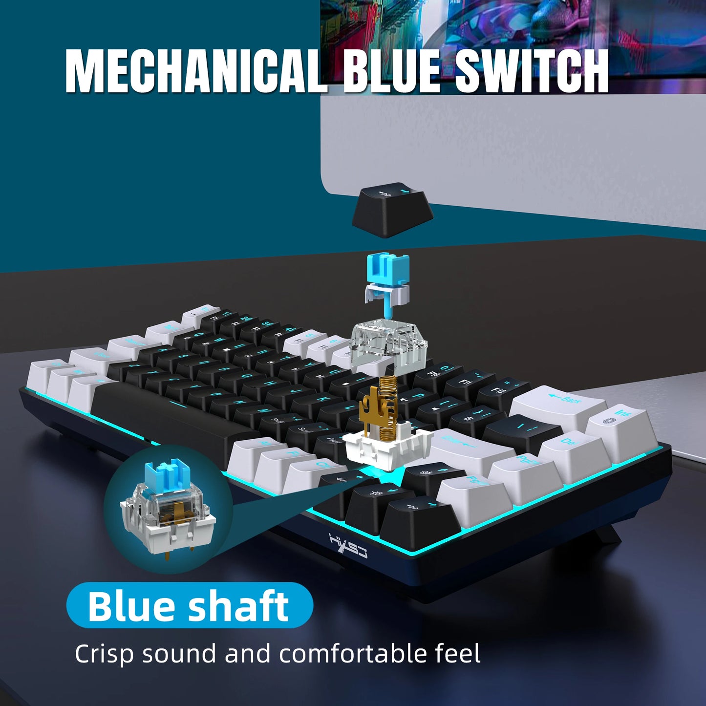 Hot sale HXSJ V800 68 key wired keyboard Hot swappable switch ergonomic ice blue backlight durability gaming mechanical keyboard