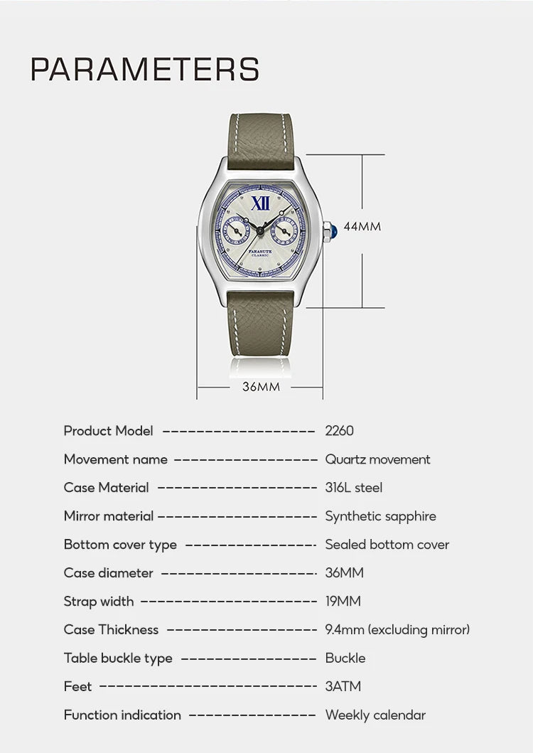 FARASUTE Nieuw 36 mm herenhorloge met quartz uurwerk VH64, roestvrij staal, sportief en modieus, saffierglas, waterdicht herenhorloge
