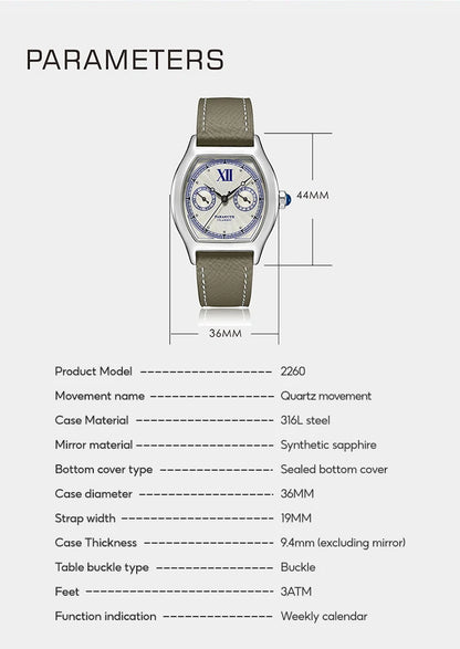 FARASUTE Nieuw 36 mm herenhorloge met quartz uurwerk VH64, roestvrij staal, sportief en modieus, saffierglas, waterdicht herenhorloge