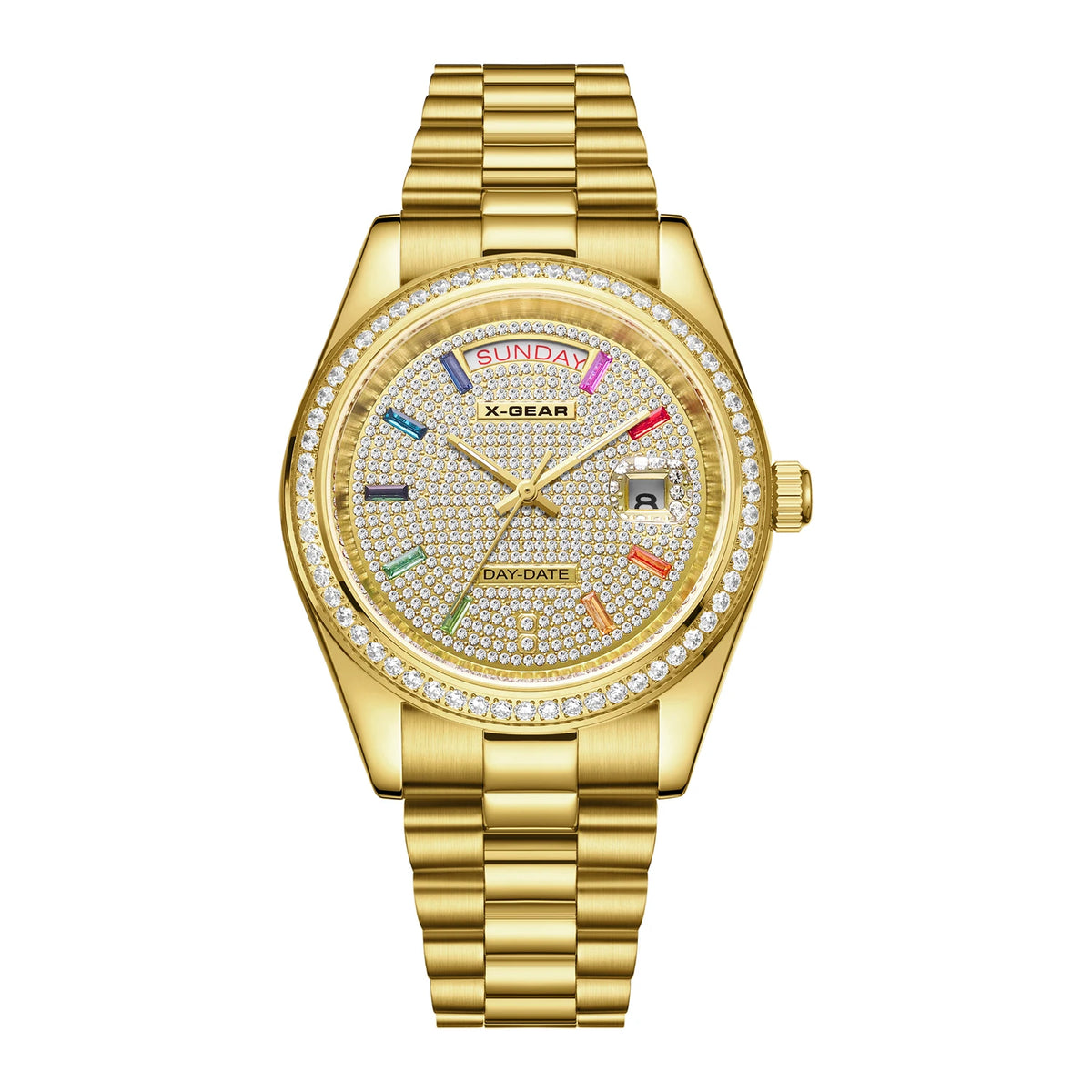 X-GEAR Men Luxury Watches Full diamond dial Diamond bezel Mechanical Watch Luminous Date Week Display Stainless Steel Case Strap