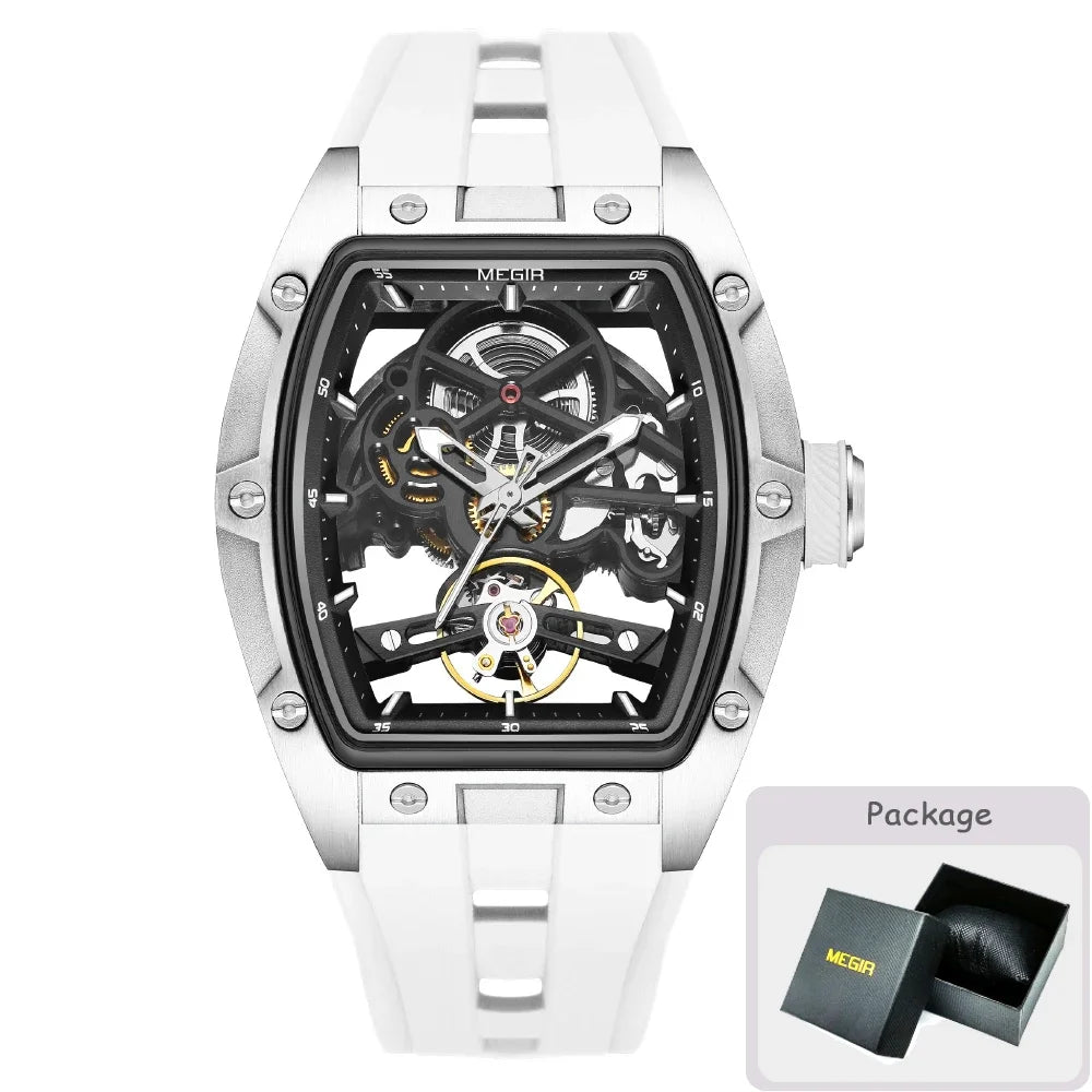 MEGIR Fashion Leisure Alloy Case Men Mechanical Watch Silicone Band Barrel Shaped Dial Luminous Pointer Design Man Wristwatch