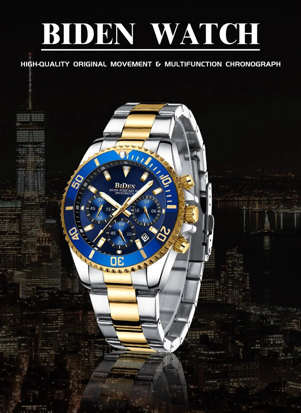 BIDEN Multi-functional men's quartz watch luxury waterproof night light business style diving series casual fashion watch