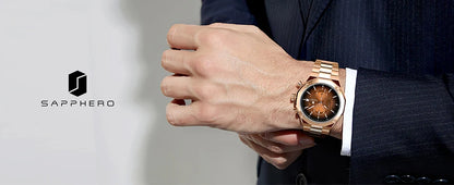 SAPPHERO Roségouden herenhorloge, modieus luxe horloge, roestvrijstalen horloge, waterdicht tot 50 m, herenhorloge, nieuwjaarscadeaus