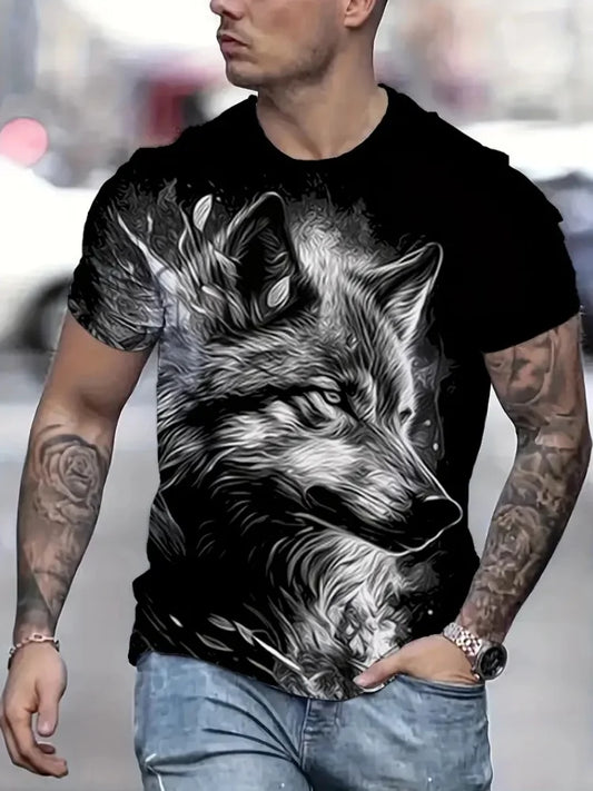 Fire Wolf Graphic 3D-print heren-T-shirt, zomerse oversized casual T-shirt, herenmode, fitness, kleding met korte mouwen, tops, T-shirts