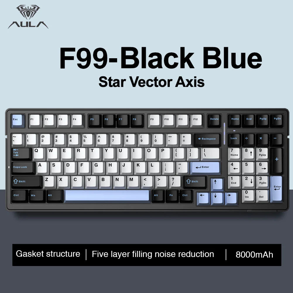 AULA F99 Mechanical Keyboard Bluetooth 5.0/2.4G Wireless/Wired Gasket-mounted Gaming Keyboard 99 Keys Customizable Keyboards