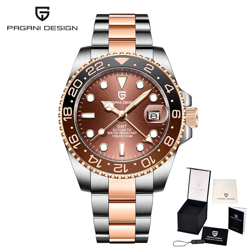 Relógio mecânico para homem Pagani Design GMT – Modelo de luxo com vidro de safira, caixa em aço inoxidável e luneta em cerâmica – Relógio automático para homem, estilo profissional