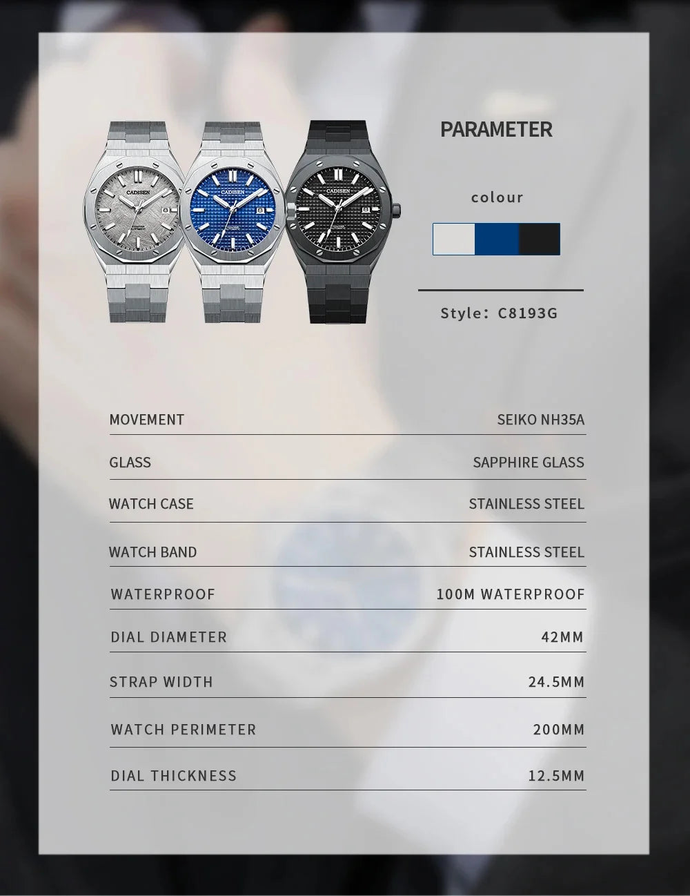 CADISEN Luxury Design 42MM Men's Watches Japan MIYOTA 8215 Sapphire Glass Mechanical Automatic Watch Men 100M Waterproof