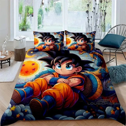 Rajzfilm/anime Son Goku Dragon Ball témájú nyomtatott ágyneműkészlet: Ez a puha és kényelmes készlet egy paplanhuzatot és párnahuzatot tartalmaz.
