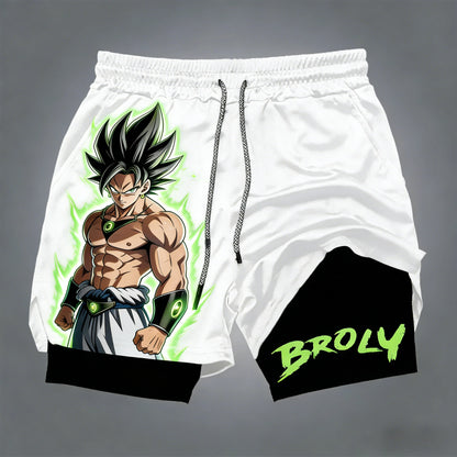 Pantalones cortos de doble capa para hombre de Dragon Ball, Son Goku, verano, anime japonés, imitación, dos piezas, deportivos, fitness, de secado rápido