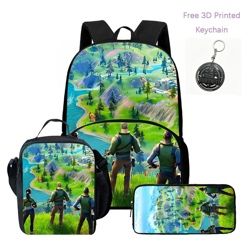 Lightweight FORTNITE 3Pcs Backpack With Front Pocket Lunch Bag Pencil Bag Free 3D Printed Keychain For Boys Girls Kids Aged 5-10