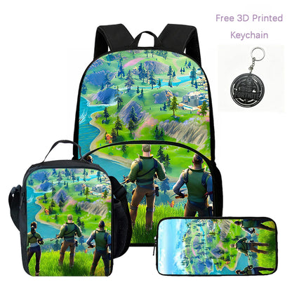 Lightweight FORTNITE 3Pcs Backpack With Front Pocket Lunch Bag Pencil Bag Free 3D Printed Keychain For Boys Girls Kids Aged 5-10