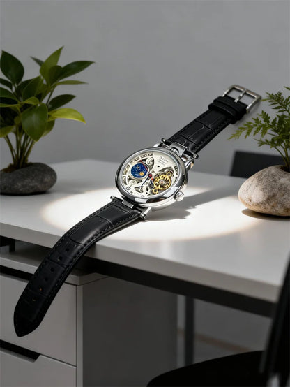  Top Luxury Moon Phase Men's Watches Original Mechanical Leather Men Clock Date Week Hollow Tourbillon Automatic Man Watch