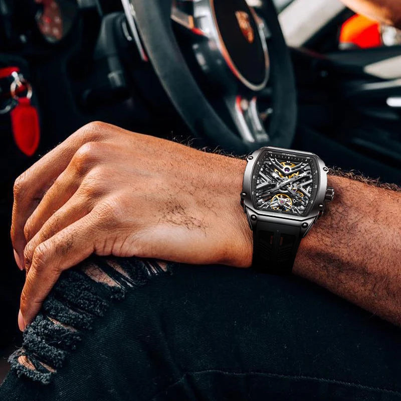 STARKING Men's Waterproof Sports Mechanical Watch, Wear-resistant Silicone Strap, Automatic, Luminous Tonneau Luxury Design