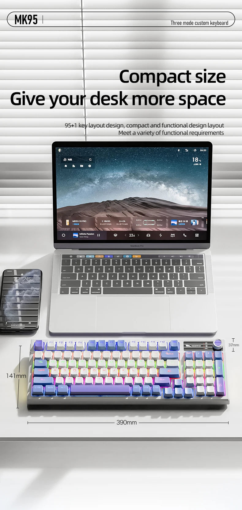 SMAILWOLF MK95 Bluetooth Wireless Korean Customized Mechanical Keyboard e-Sports 3 Modes Laptop Office Game Full Key Hot Swappable RGB Lighting Effects
