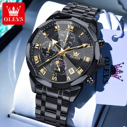 OLEVS 3675 Mens Watch Original Multifunctional Chronograph Quartz Watch Moon Phase Watches For Men Waterproof Mens Gifts Reloj