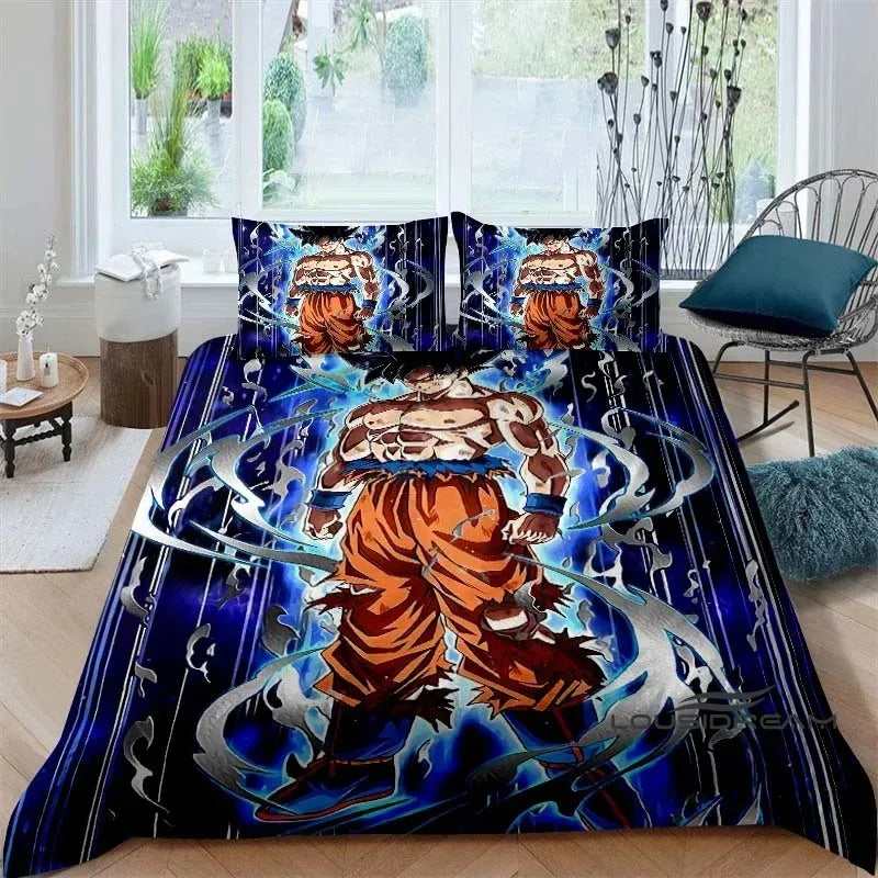 Rajzfilm/anime Son Goku Dragon Ball témájú nyomtatott ágyneműkészlet: Ez a puha és kényelmes készlet egy paplanhuzatot és párnahuzatot tartalmaz.