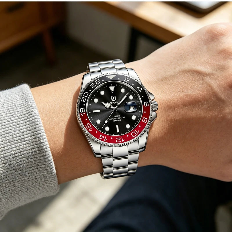QINGXIYA Luxe herenhorloges met kwartsmechanisme, roestvrij staal, waterdicht, verlicht, datumweergave, herenpolshorloge, reloj hombre