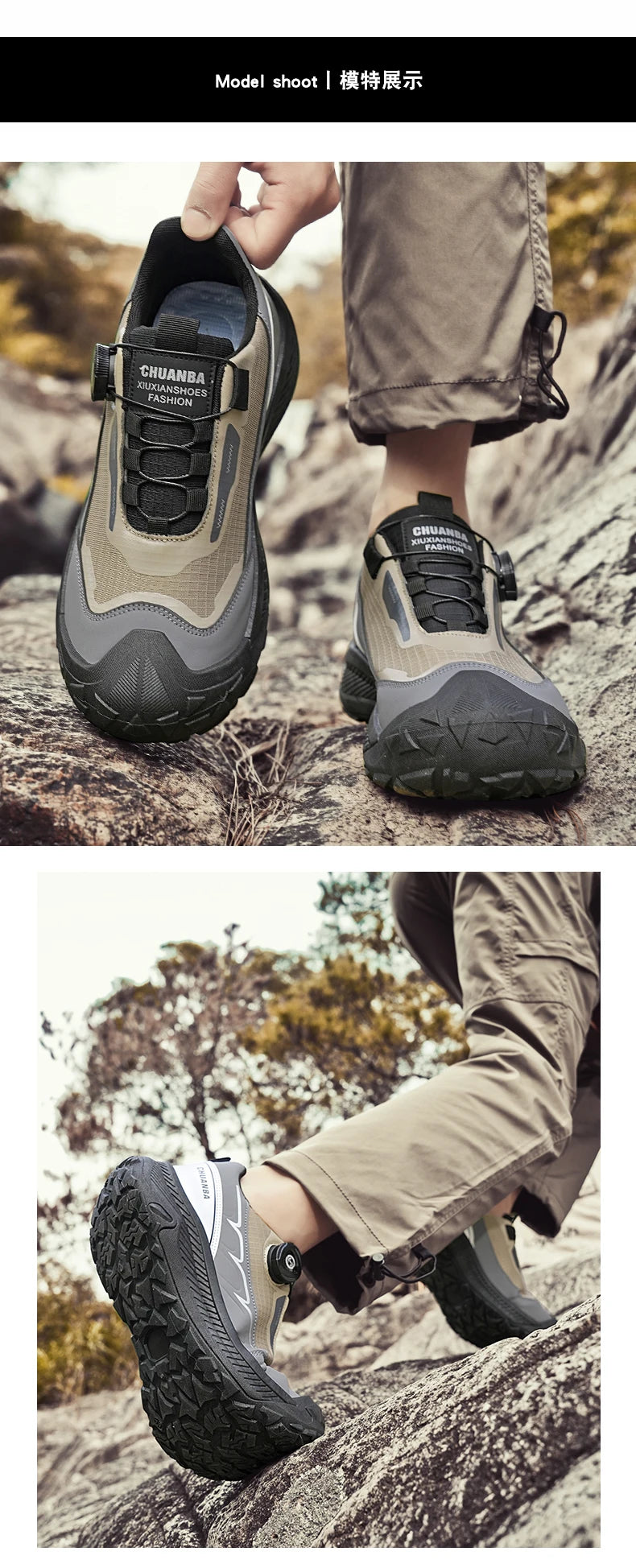 Rotary Buckle Men's Trekking Sneakers Outdoor Platform Hiking Shoes Comfortable Non-Slip Climbing Walking Shoes for Men