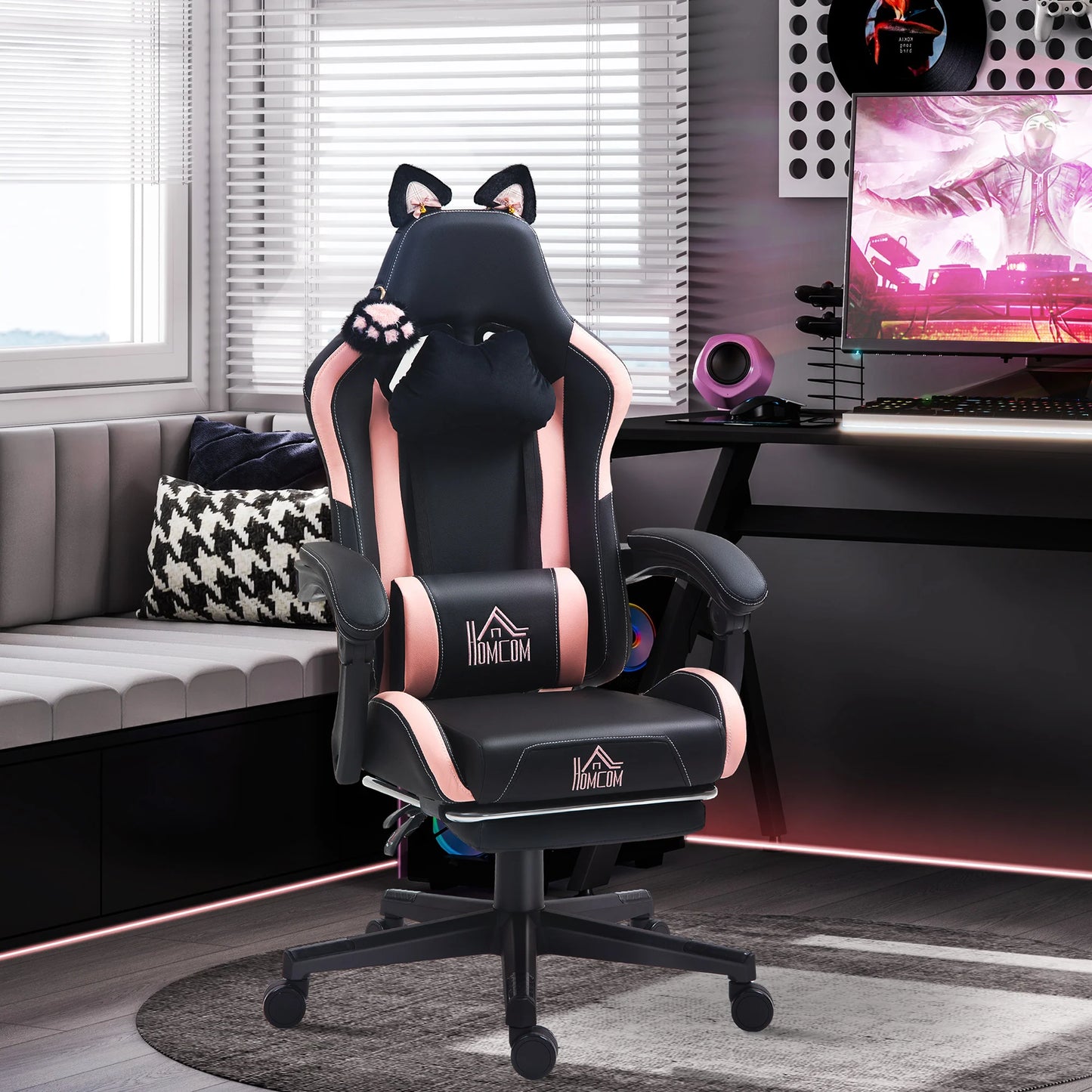 Gaming chair with cat ears, tiltable backrest, retractable footrest, maximum load capacity 120kg, gaming chair, office chair,