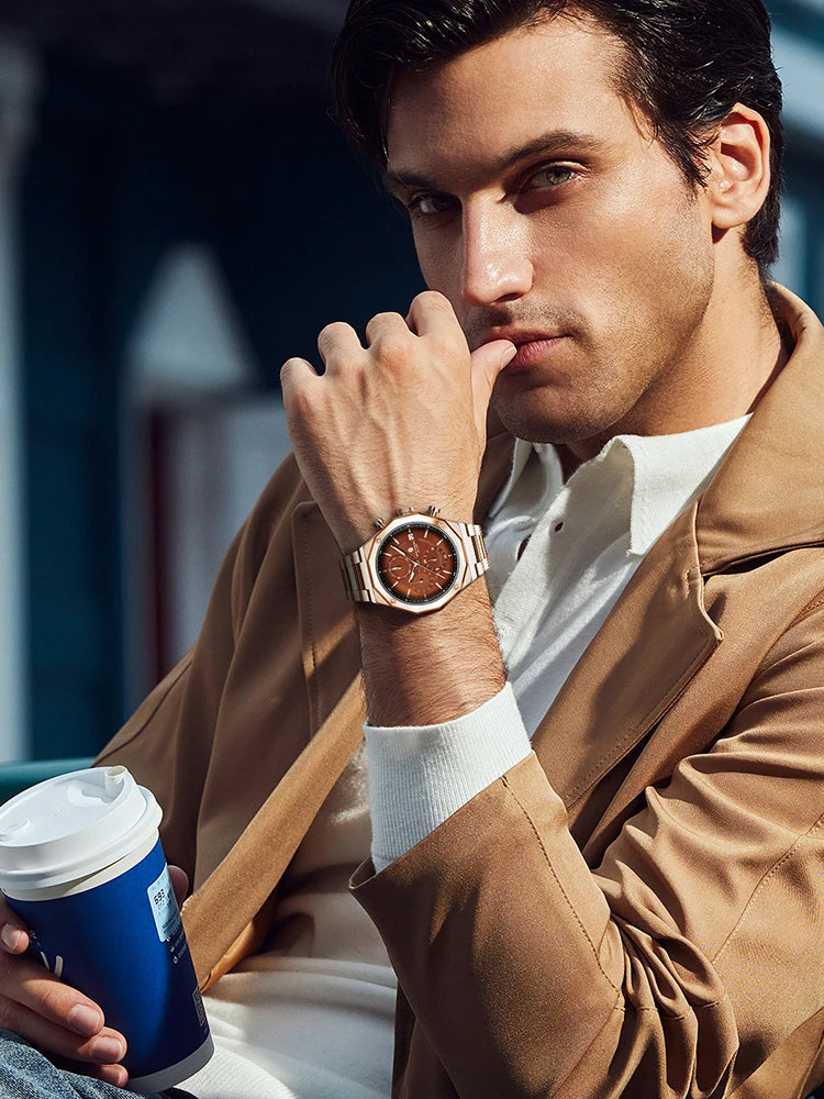 SAPPHERO Roségouden herenhorloge, modieus luxe horloge, roestvrijstalen horloge, waterdicht tot 50 m, herenhorloge, nieuwjaarscadeaus