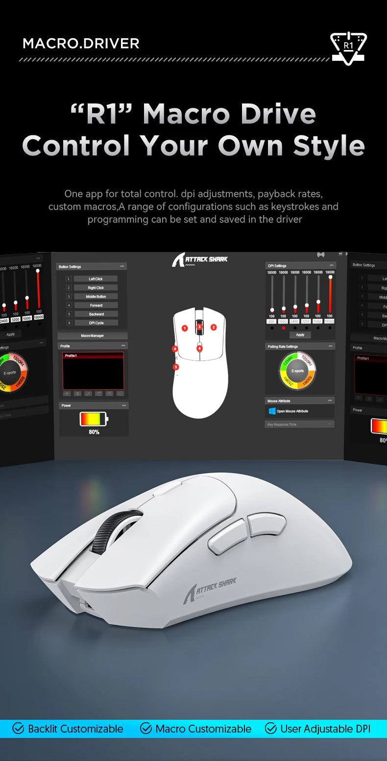 Ratón Bluetooth ATTACK SHARK R1 - Ratón viral reseñado por influencers, auténtico directo de la marca, sensor PAW3311 con 1K Hz para gaming
