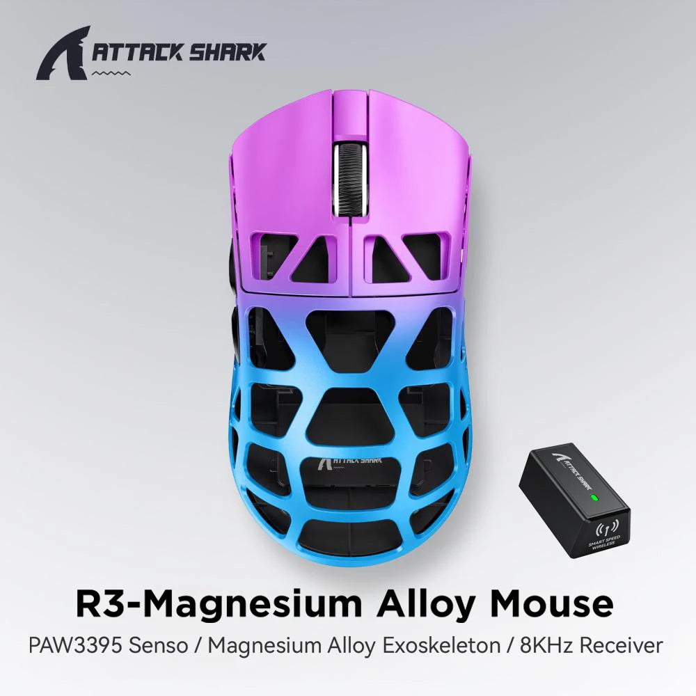 Gaming miška ATTACK SHARK R3 iz magnezijeve zlitine s satasto strukturo, izjemno lahka, 8K Hz, senzor PAW3395, 26000 DPI, ergonomska zasnova