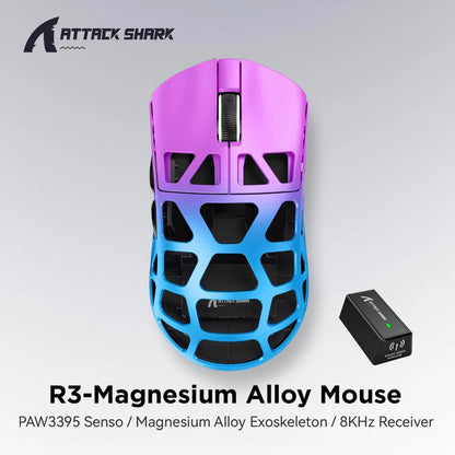Gaming miška ATTACK SHARK R3 iz magnezijeve zlitine s satasto strukturo, izjemno lahka, 8K Hz, senzor PAW3395, 26000 DPI, ergonomska zasnova