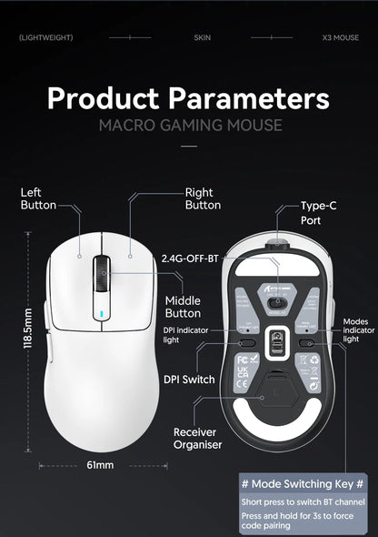 X3 Gaming Mouse Wireless ATTACK SHARK, punainen, 4K-palautusnopeus, Bluetooth Tri-Mode -yhteys, PAW3395, makroilla varustettu Bluetooth-pelihiiri