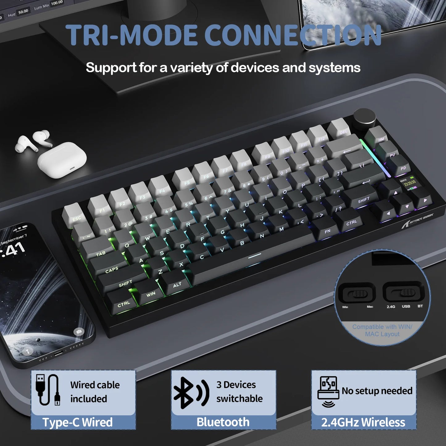 ATTACK SHARK X820 Ultra Gasket Mechanical Keyboard with TFT Screen & Knob, 75% ANSI Layout, Tri-mode, 5 Sound Absorbing Foams