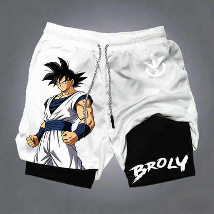 Pantalones cortos de doble capa para hombre de Dragon Ball, Son Goku, verano, anime japonés, imitación, dos piezas, deportivos, fitness, de secado rápido