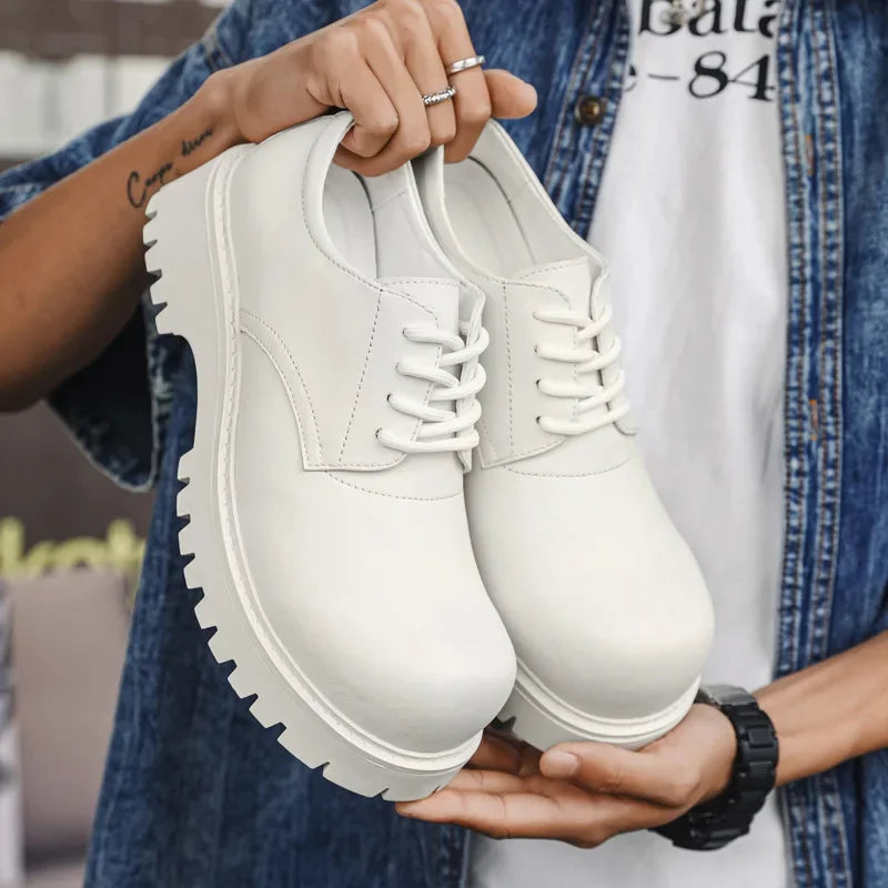 Thick Sole Casual Genuine Leather Dress Shoes Men Platform Height Increase Japan Harajuku Korean Streetwear Fashion Shoes White