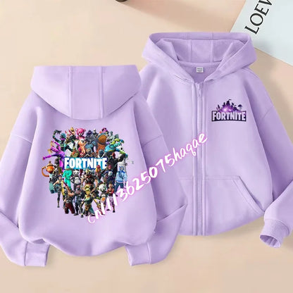 Casacos com capuz e fecho para criança Fortnites, sweatshirts Anime Fortress Night, sweatshirts gaming de primavera/outono, roupa desportiva infantil, presente