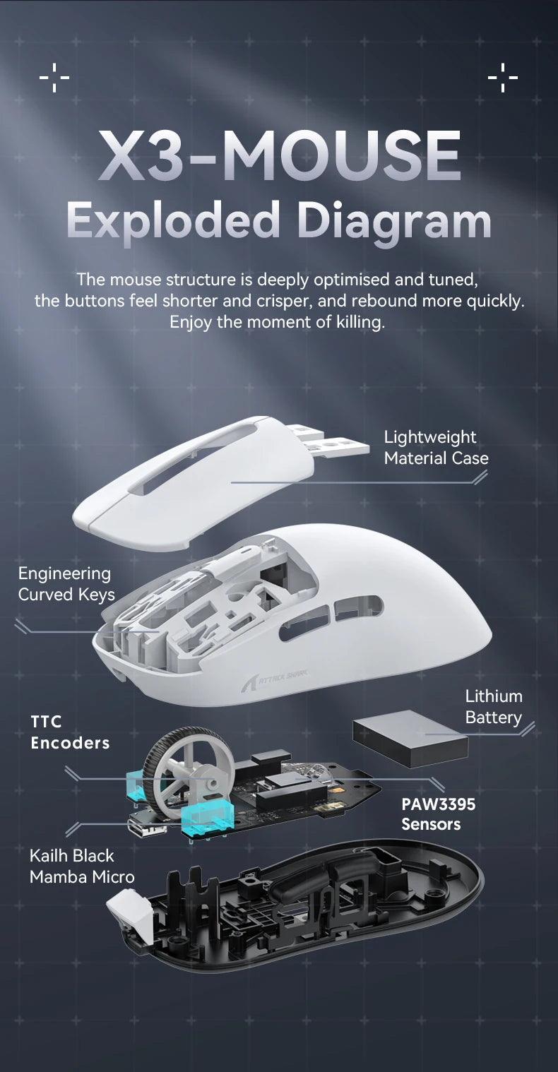 X3 Gaming Mouse Wireless ATTACK SHARK, punainen, 4K-palautusnopeus, Bluetooth Tri-Mode -yhteys, PAW3395, makroilla varustettu Bluetooth-pelihiiri