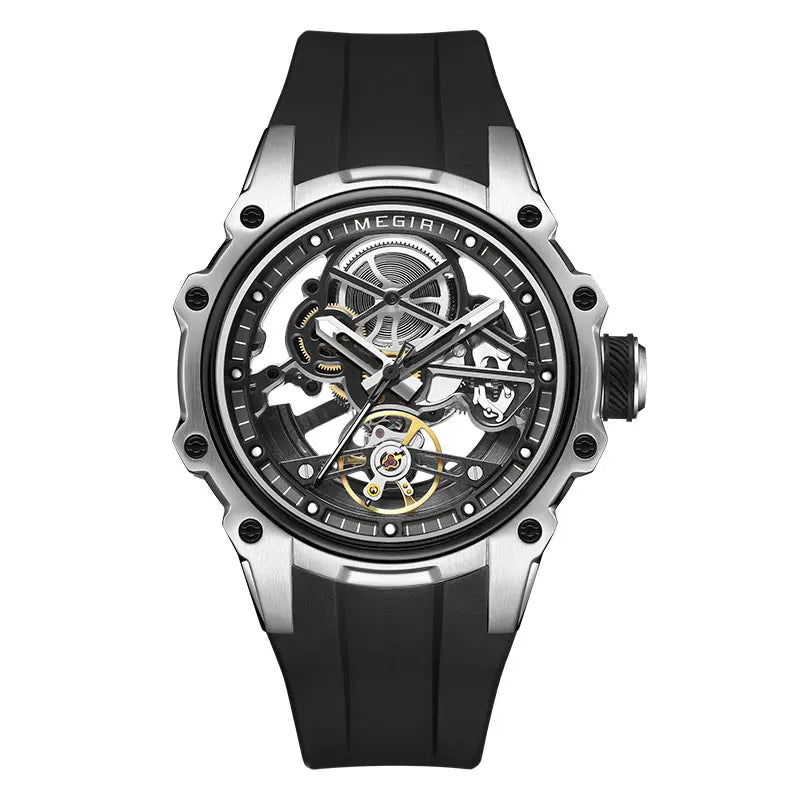 MEGIR Skeleton Dial Automatic Mechanical Watch Men Stainless Steel Case Waterproof Luminous Sport Wristwatch with Silicone Strap