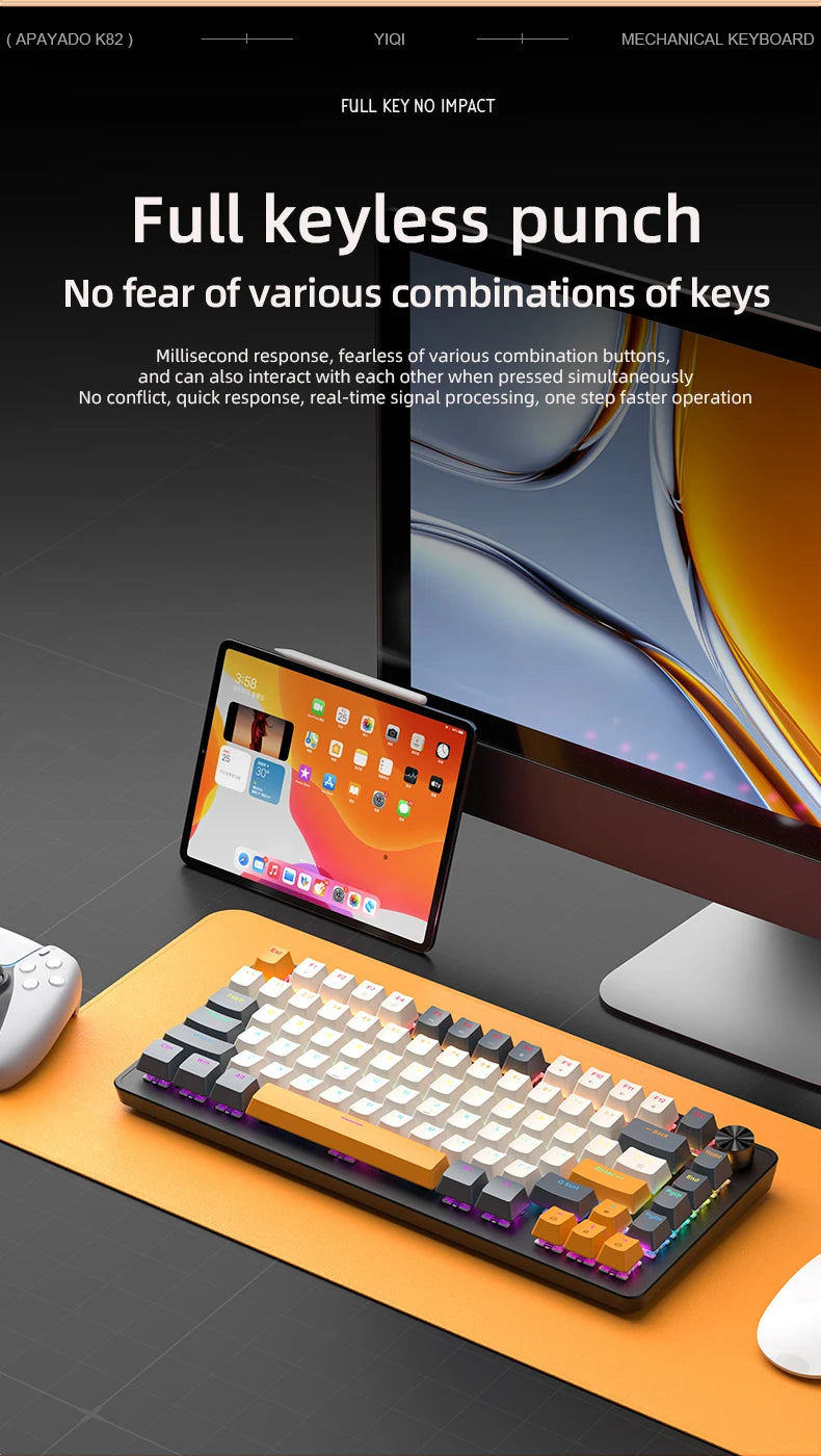 75% Mechanical Keyboard Wired with Media Knob APAYADO Black Gaming Keyboard Hot-Swap ABS Cap Transparent Character Backlighting