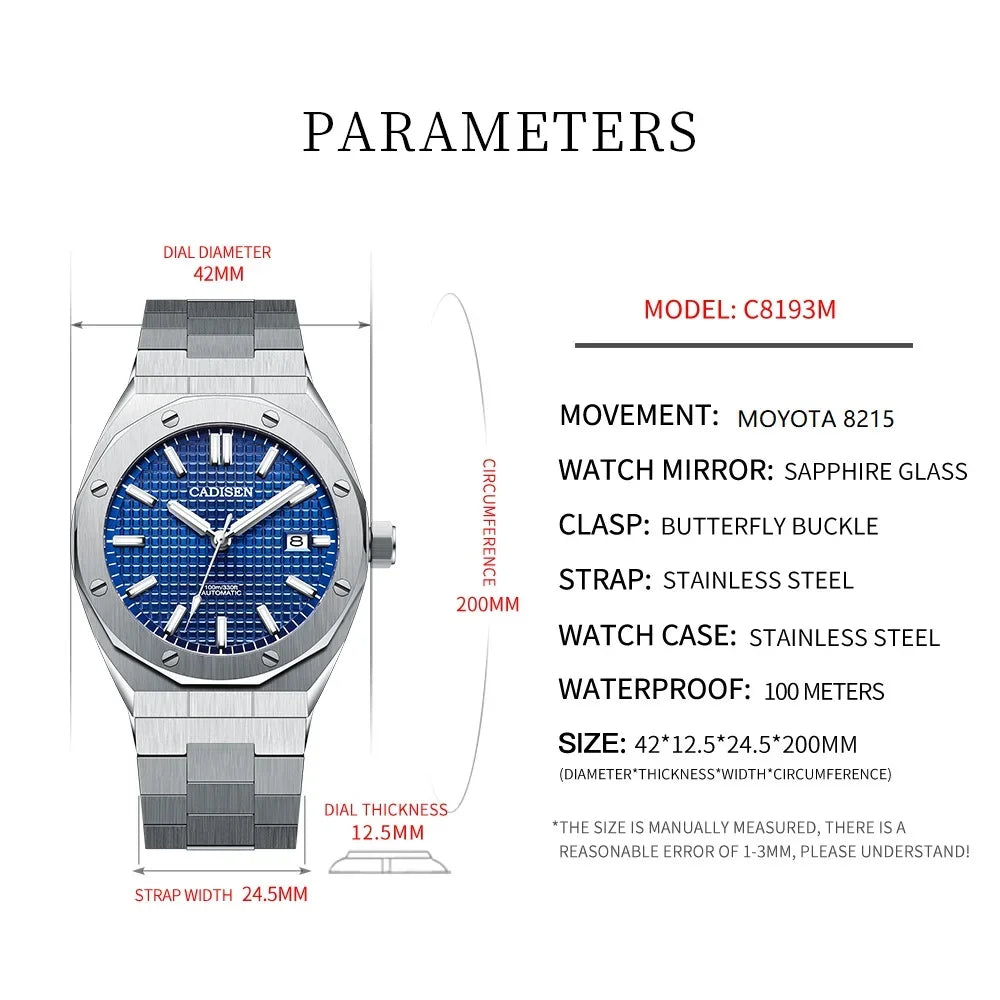CADISEN Luxury Design 42MM Men's Watches Japan MIYOTA 8215 Sapphire Glass Mechanical Automatic Watch Men 100M Waterproof