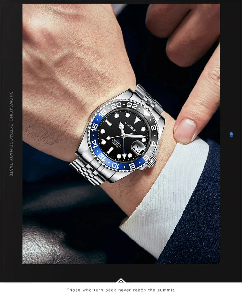 GUANQIN GMT Men's Watches 2025 New Atuomatic Watch Men NH34 Mechanical Wristwatch Sapphire Glass Stainless Steel Clock Left Hand