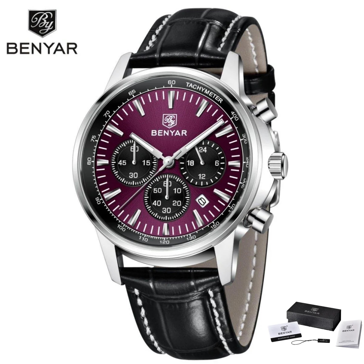 Montre de luxe pour homme Benyar – Chronographe avec date, bracelet en cuir, étanche, luminescente, style sportif et militaire, montre à quartz